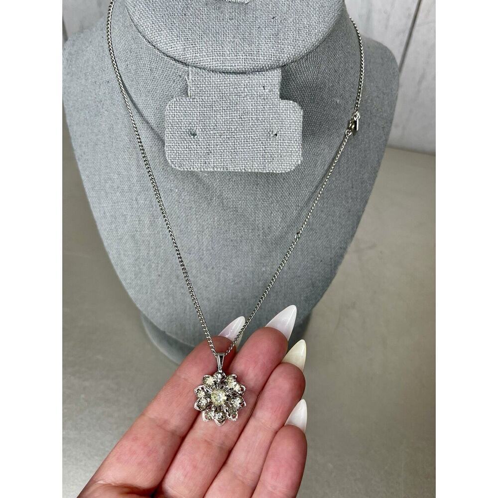 Vintage Sarah Coventry Floral Cluster Rhinestone Silver Tone Chain Necklace